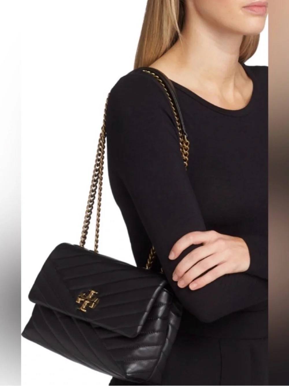 Tory Burch Kira Chevron Convertible Shoulder Bag Black Leather with Dust Bag